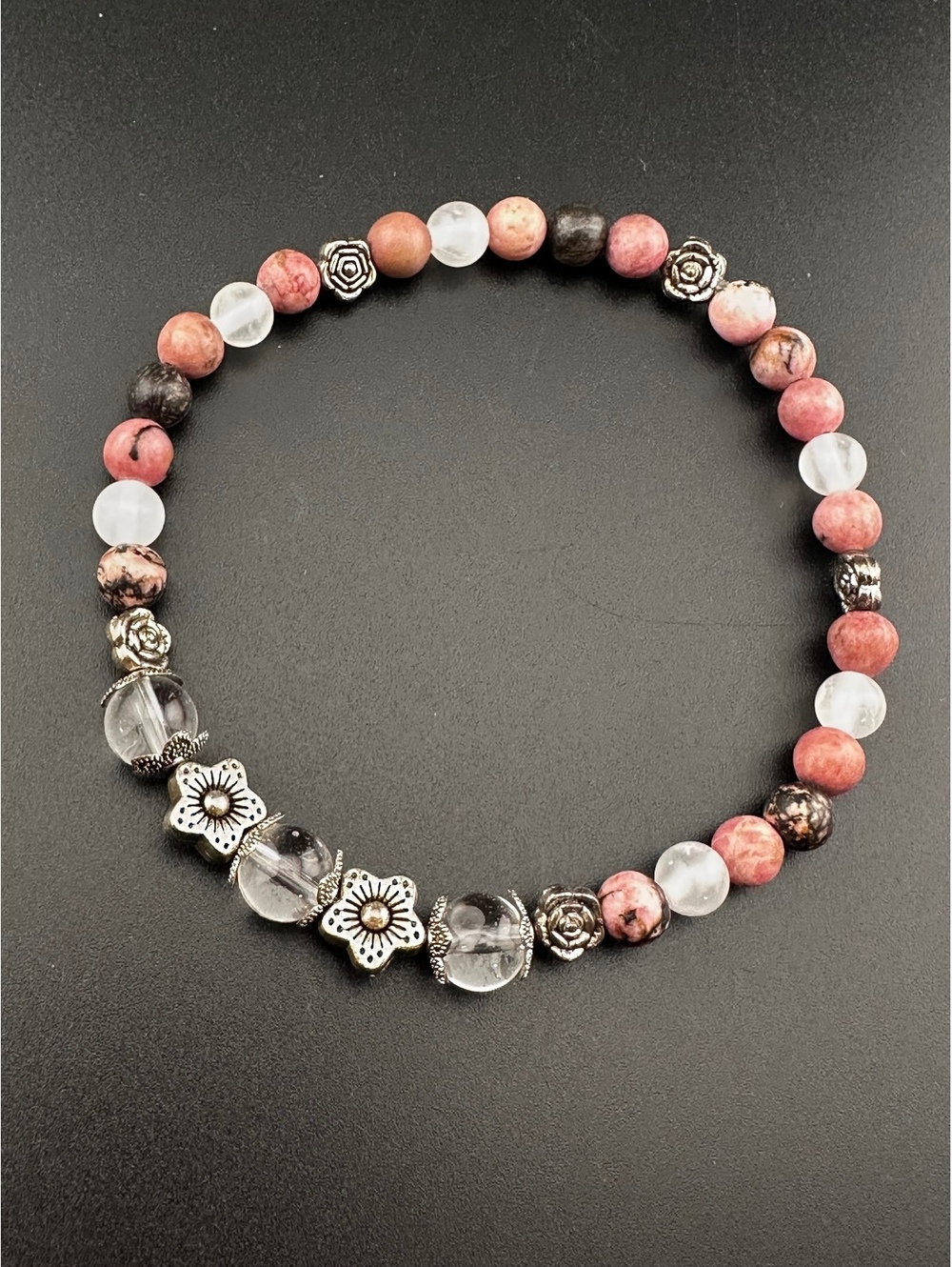 Handcrafted Beaded Stretch Bracelet with Pink and Clear Gem-